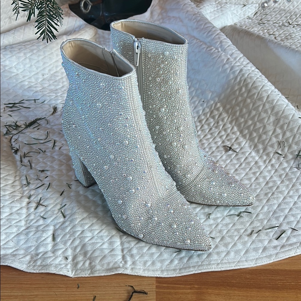 Pearl-Embellished White Ankle Boots